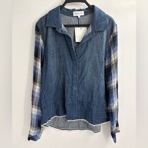Bella Dahl revolve mixed blue fall flannel denim button down shirt medium NWT